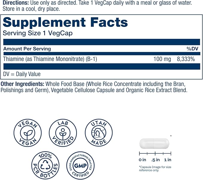 SOLARAY Vitamin B-1 100 mg | Healthy Energy Metabolism, Skin, Brain, Heart & Nervous System Support | 100 VegCaps