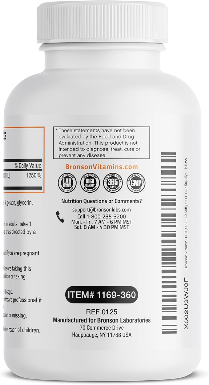 Bronson Vitamin D3 10,000 IU (250 mcg) High Potency - Supports Healthy Immune System, Strong Bones, Muscles & Teeth - Non GMO, 360 Softgels