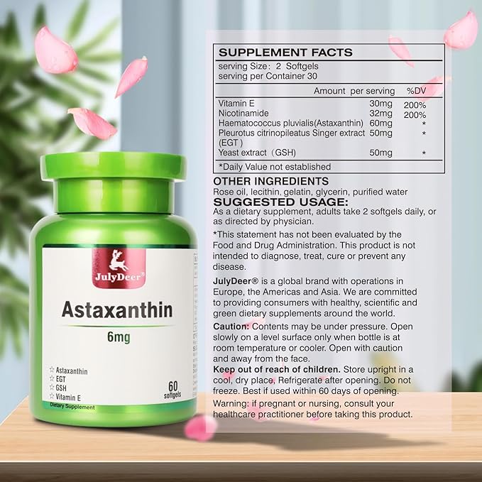 JulyDeer Astaxanthin 6 mg Per Serving, 60 Softgels – Double Strength Microalgae – Natural Haematococcus Pluvialis Source – Antioxidant Supplements for Skin, Eyes, Joints, & Immune Support – Non-GMO
