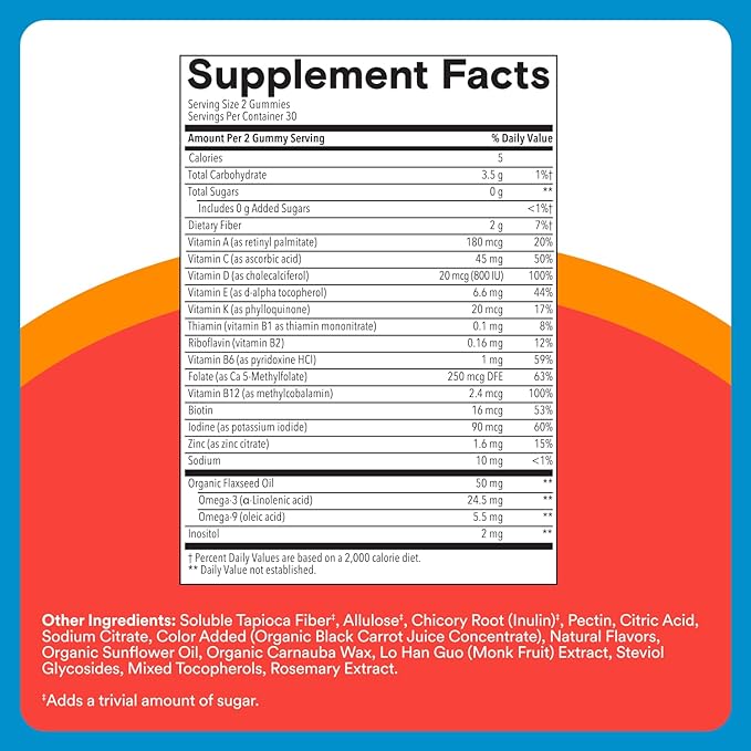 SmartyPants Kids Zero Sugar Multivitamin Gummies: Omega-3, Vitamins D, C, A, Plant-Based, Gluten Free, Strawberry Banana Flavor, 60 Count (30 Day Supply)