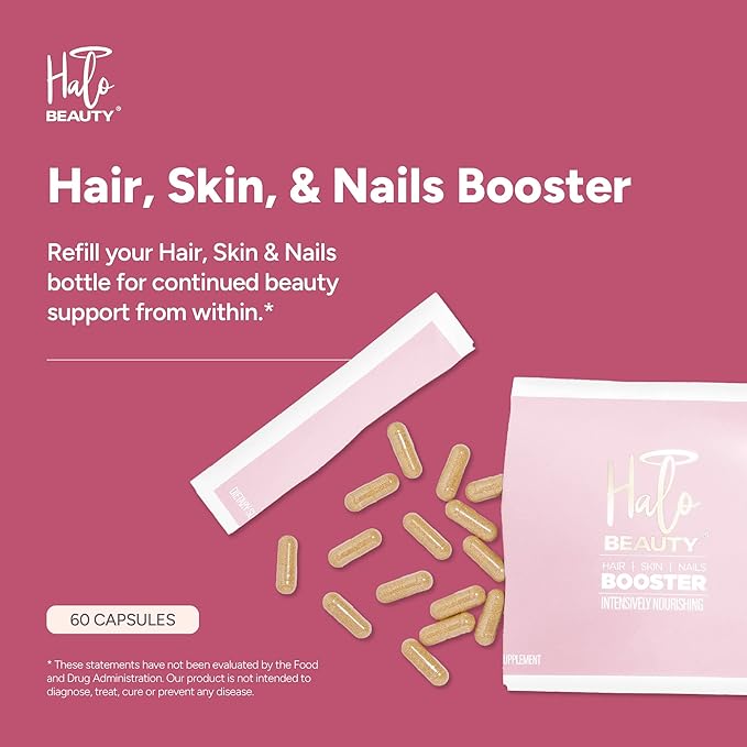 Halo Beauty Hair Skin & Nails Supplement Refill Pack | Thicker Hair Growth, Radiant Skin & Strong Nails Support with Biotin, Collagen & Keratin | Women’s Vegan Capsules | Made in USA | 1-Month Supply