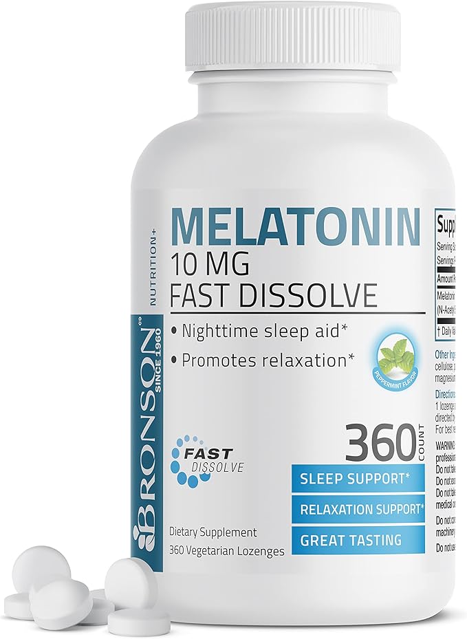 Bronson Melatonin 10 MG Fast Dissolve Peppermint Tablets, Promotes Relaxation, 360 Chewable Vegetarian Lozenges