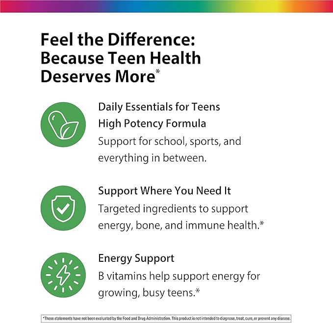 Rainbow Light Teen Multivitamin | 45 Caplets | for Boys and Girls | with DermaComplex, Real Food Nutrients & Iron | Probiotics & Enzymes | Energy, Bone & Immune Support