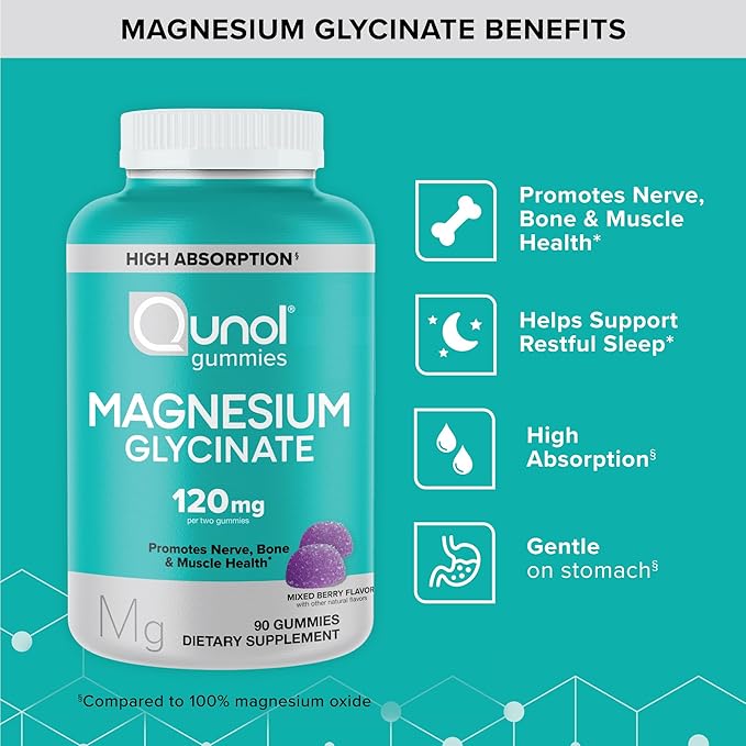 Qunol Magnesium Glycinate Gummies,120mg of Magnesium Glycinate,High Absorption,Mixed Berry,90 Count (Pack of 2)