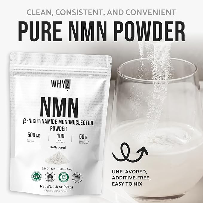 Pure NMN Powder Nicotinamide Mononucleotide Quick Dissolved NMN Supplement Powder 100% Unflavored NMN Supplement Supports NAD+ Levels Vegan Friendly Non-GMO, 50g