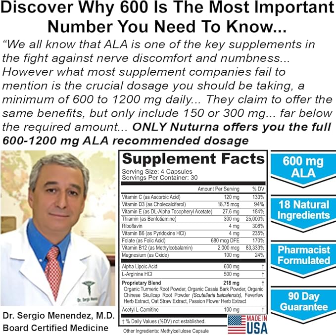 Neuropathy Nerve Support Supplement with 600 mg Pure Alpha Lipoic Acid - Maximum Strength Formula for Fingers, Hands, Toes, & Feet - 120 Capsules