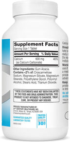 21st Century Calcium 600 mg Supplement (400 Tablets), Vegan-Friendly Bone Strength Calcium Supplement, Non-GMO & Gluten-Free Calcium Carbonate, No Artificial Flavors, Suitable for Men & Women