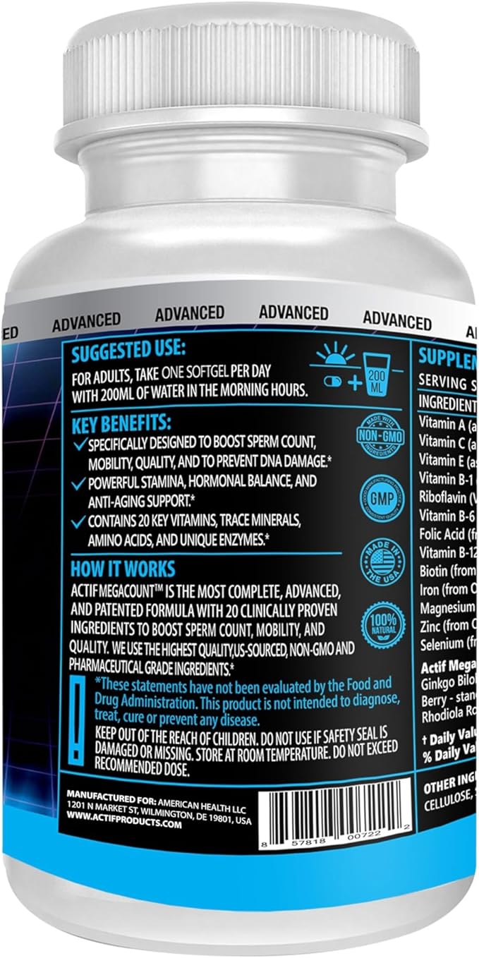 ACTIF MegaCount for Men - Maximum Fertility Support and Sperm Count Booster, Clinically Proven to Improve Sperm Count and Motility - Non-GMO, Made in USA, 90 Count