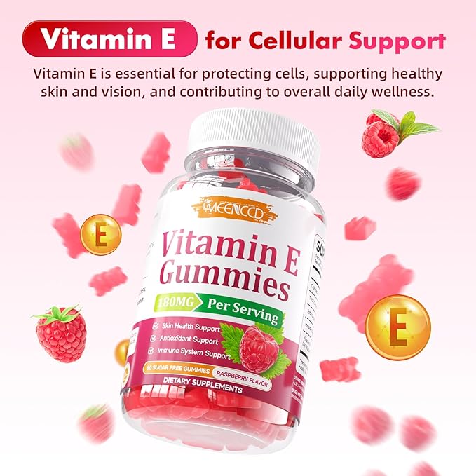 MEENCCD 2 Pack Vitamin E Gummies, 180 mg (400 IU) dl-Alpha, Daily Skin Support, Sugar-Free, Vegan, Non-GMO, Raspberry Flavor, 120 Count
