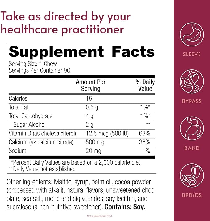 Bariatric Advantage Calcium Citrate Chewy Bites 500 mg - Highly Absorbable & Digestible - Vitamin D3 - Easily Chewable Calcium Supplement - Chocolate Flavor - 90 Count