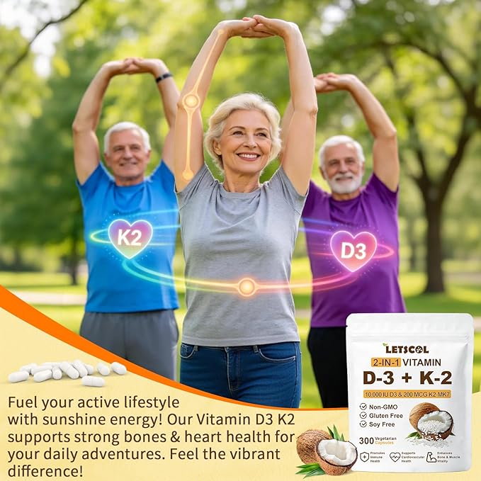 2-in-1 Vitamin D3 K2 Supplement Capsules, Vitamin D3 10000 IU and Vitamin K2 200 mcg, K2 MK7 with D3 Vitamin Supplement Support Immune, Heart, Joint, Teeth & Bone Health