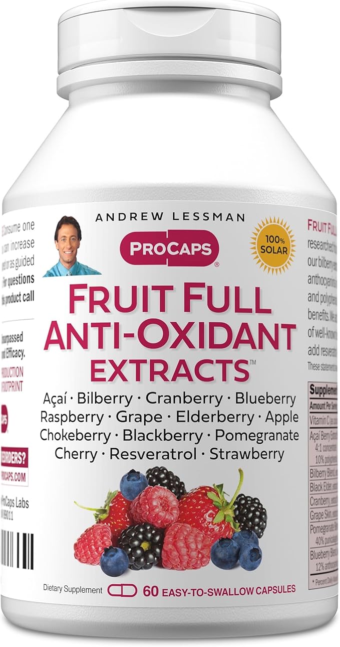 ANDREW LESSMAN Fruit Full Anti-Oxidant Extracts 60 Capsules - 14 Natural Fruit and Berry Extracts. Bilberry, Cranberry, Grape Seed, Pomegranate, Resveratrol, and More. Easy to Swallow Capsules