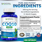Natural Vitamin CoQ10 400mg 200 Capsules Maximum Strength High Absorption Gluten Free Non-GMO