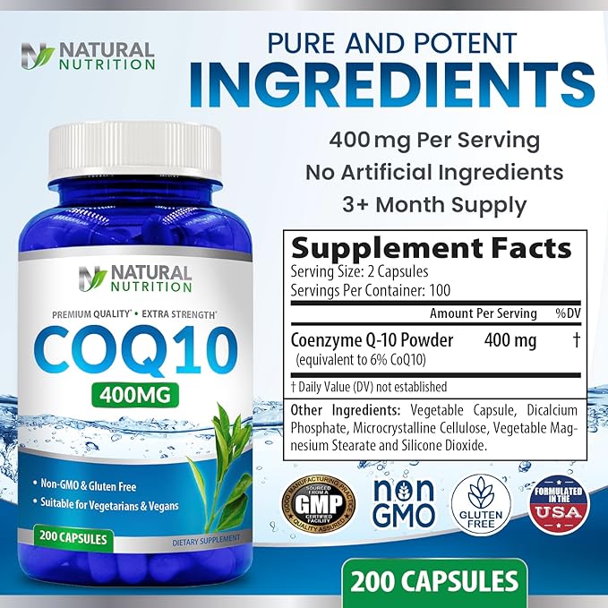 Natural Vitamin CoQ10 400mg 200 Capsules Maximum Strength High Absorption Gluten Free Non-GMO