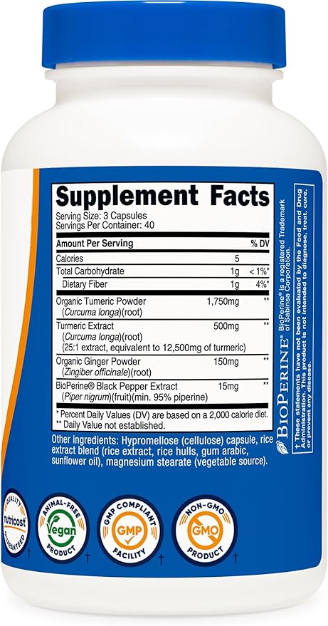 Nutricost Turmeric + Ginger Capsules with Bioperine, 2400mg Per Serving, 120 Capsules - GMO-Free, Gluten-Free, 40 Servings