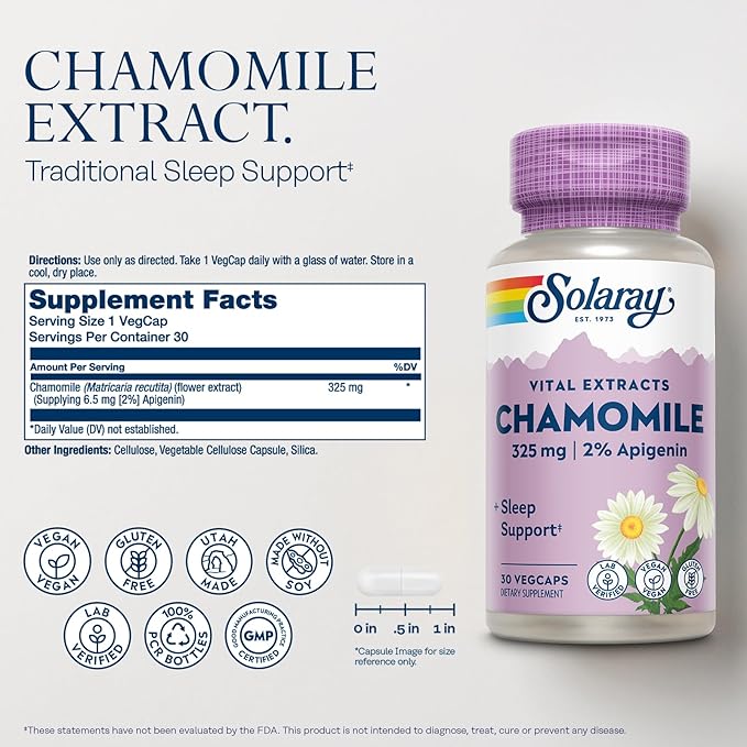 SOLARAY Chamomile Extract 325 mg - Traditional Herbal Support - Standardized to 2% Apigenin, an Antioxidant and Flavonoid - Vegan, Gluten Free, Made Without Soy, 60-Day Guarantee, 30 Serv, 30 VegCaps