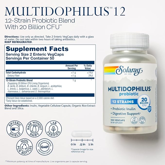 Solaray Multidophilus 12 Strain Probiotic 20 Billion CFU, Probiotics for Digestive Health for Women and Men, Daily Gut Health Support Complex with Prebiotic Inulin, No Dairy - 100 VegCaps