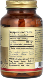 Solgar - L-Lysine 500 mg Vegetable Capsules Count