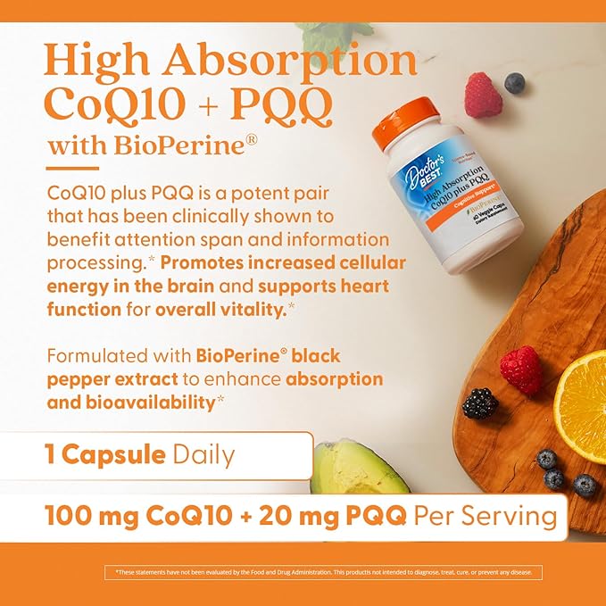 Doctor's Best High Absorption CoQ10 with PQQ Supplement - Coenzyme Q10 Caps for Heart Health & Cognitive Support, Naturally Fermented CoQ10 100mg for Women & Men, Non GMO, Vegan - 60 Veg Capsules