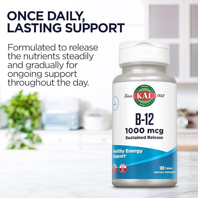 KAL Vitamin B12 1000mcg, Sustained Release Supplement for Healthy Energy, Metabolism, Heart Health, Nerve and Red Blood Cell Support, Long-Lasting Formula, Vegan, 100 Servings, 100 Tablets