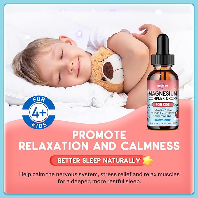 (2 Pack) Magnesium Glycinate Liquid for Kids, Kids Magnesium Liquid Drops Supplement with L-Theanine, Calcium, Zinc, Vitamin D3 K2 for Sleep Calm Relaxation Brain Bones Focus, Cherry Flavor 4 Fl Oz