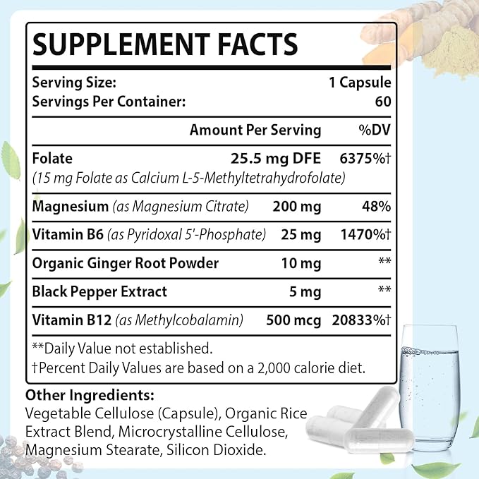 L Methylfolate 15mg (5-MTHF) - Active Folic Acid with B6 and B12 - Vegan, Gluten-Free, Dairy-Free (1 Pack)