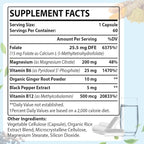 L Methylfolate 15mg (5-MTHF) - Active Folic Acid with B6 and B12 - Vegan, Gluten-Free, Dairy-Free (1 Pack)