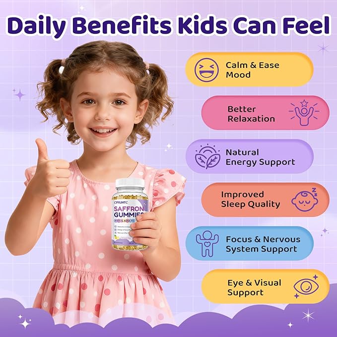Saffron Gummies for Kids & Adults, 20-in-1 Saffron Supplements with 88.5mg Saffron Extract, B6, B12, C, D3, Magnesium for Calm, Focus, Nerve, Sugar Free, Vegan, Non-GMO - Pineapple Flavor, 60 Counts