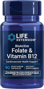 Life Extension BioActive Folate & Vitamin B12, Promotes Heart, Brain & GI Tract Health, Non-GMO, Gluten-Free, Vegetarian, 90 Capsules