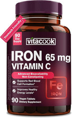 Iron Supplement for Women Men, High Potency Iron 65mg with Vitamin C 250mg, Stomach Friendly Iron Pills for Red Blood Cell & Immune Support, Vegan, Non-GMO & Gluten Free, 90 Tablets