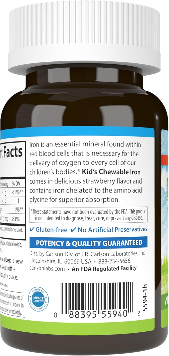 Carlson - Kid's Chewable Iron, 15 mg, Superior Absorption, Blood Health, Energy Production & Optimal Wellness, Natural Strawberry Flavor, 60 Tablets
