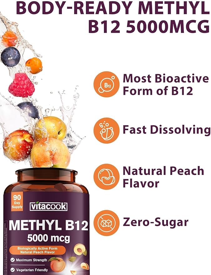 Vitamin B12 Sublingual, Methylcobalamin 5000mcg for Energy Production, Energy, Nerve & Cell Support, Natural Peach Flavor, Vegan, Zero Sugar, 90 Fast Dissolve Tablets