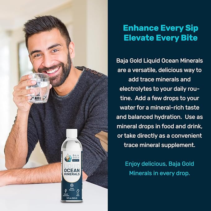 Baja Gold Liquid Trace Mineral Drops – Pure Ocean-Based Minerals for Water & Food | Unrefined Electrolytes for Balanced Taste | Mineral-Rich Saline Solution & Oral Cleanse | 12 fl oz, 90-Day Supply.
