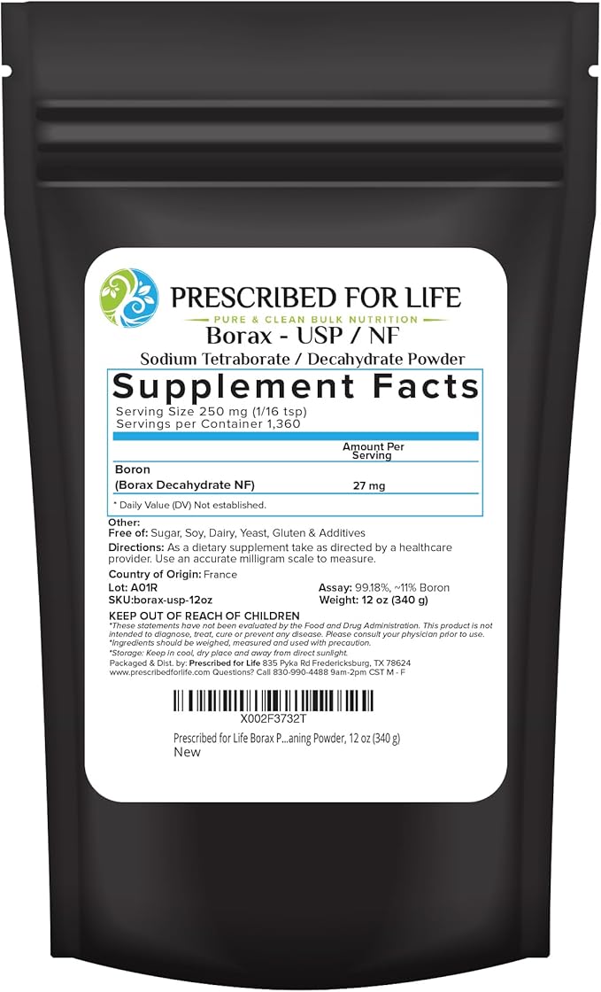 Prescribed for Life Borax Powder, Pure USP NF Grade All Natural Sodium Borate Powder, Household Laundry Booster, Slime Activator & Multipurpose Cleaning Powder (12oz / 340g)