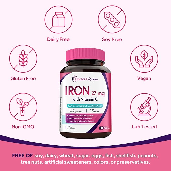 Doctor's Recipes Iron Supplement for Pregnant Women, Chelated Iron Bisglycinate, with Vitamin C for High Absorption, Gentle, Red Blood Cell Production Support, 60 Vegan Caps