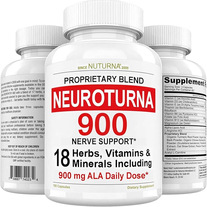 Neuroturna Support Supplement with 900 mg Alpha Lipoic Acid - Advanced ALA Formula for Feet Hands Fingers Legs - Ultra Potent 18 in 1 Natural Vitamins - 180 Capsules