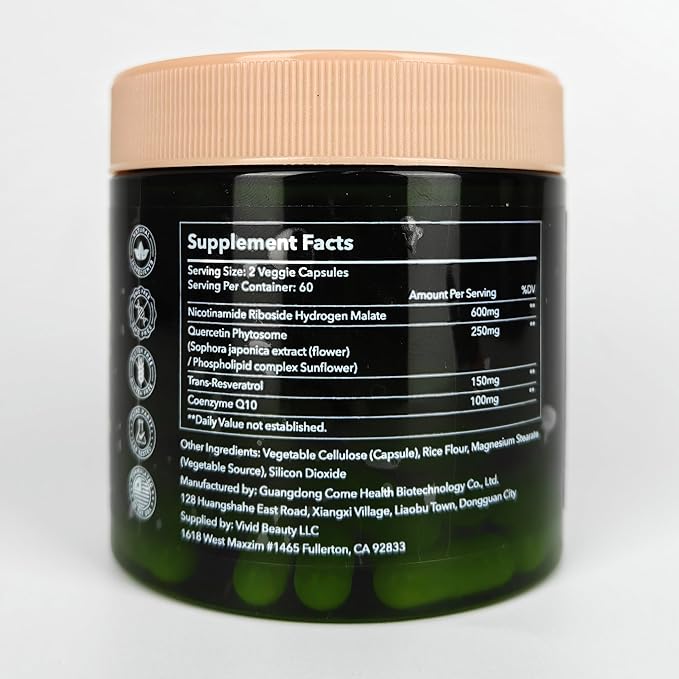 NAD+ Supplement | 1100mg Liposomal Nicotinamide Riboside with Resveratrol & Quercetin | Anti-Aging, Cellular Energy, Mental Focus | 120 Caps