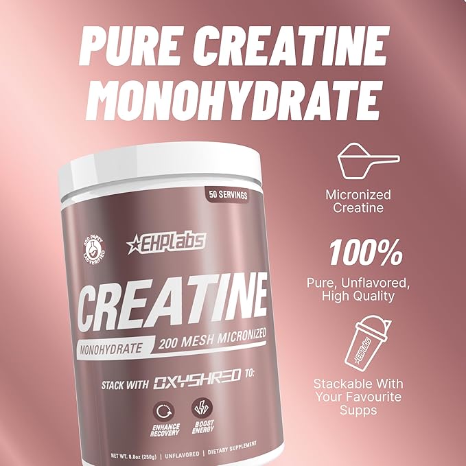 EHP Labs CREA-8 Creatine Monohydrate Powder - Unflavored Creatine Powder for Muscle Growth, Increased Strength, Enhanced Energy Output and Improved Performance - 50 Servings (250g)