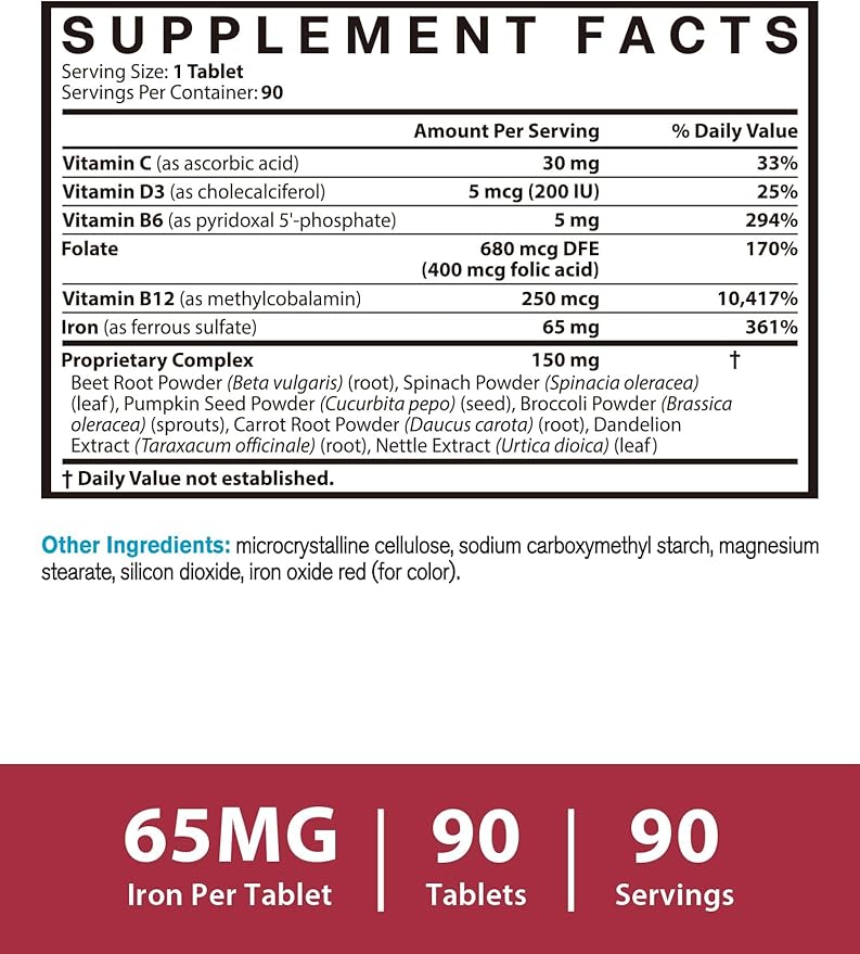 Iron Supplement 65mg, with Vitamin C, D3, B6, B12 & Folate, Spinach, Broccoli, Beet Root, Pumpkin Seeds, Dandelion & Carrots, Blood Building & Energy Support, 90 Tablets