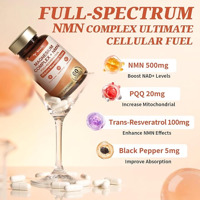 Totaria Magnesium Complex for Woman with NMN Supplement 500mg, Boost NAD Levels, Cellular Energy & Anti-Aging, 14-in-1 NMN Trans-Resveratrol Complex with PQQ, Non-GMO, 30 Days Supply