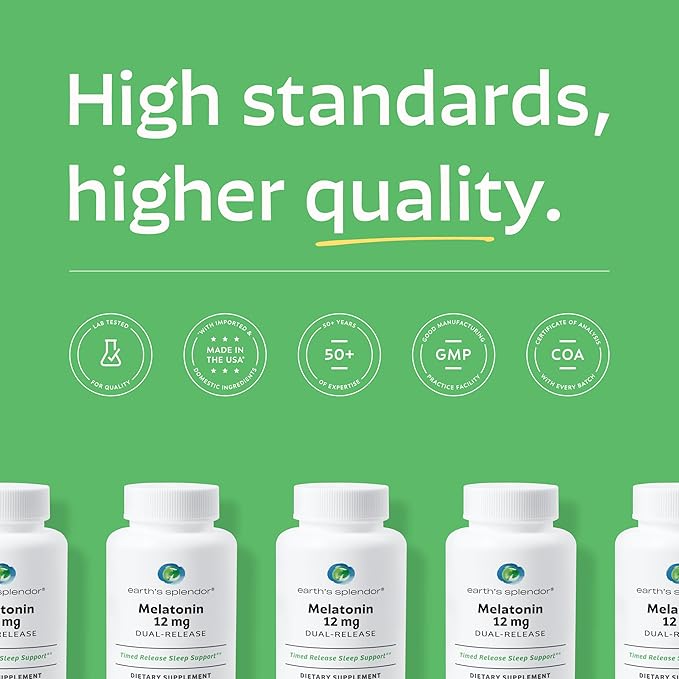 Earth's Splendor Melatonin 12 MG Bilayer Tablets, Sleep Aid Supplement, 60 Count - 2 Month Supply Melatonin