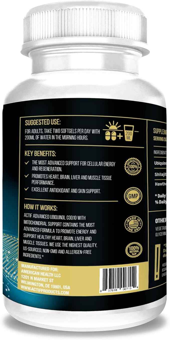 ACTIF Super Ubiquinol CoQ10 with Enhanced Mitochondrial Support, Non-GMO, Made in USA, 200mg, 120 Count