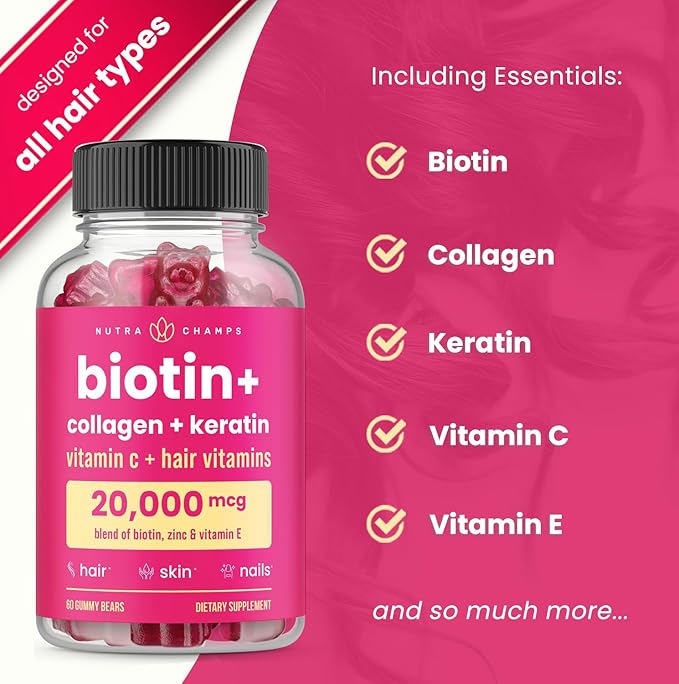 NutraChamps Biotin Gummies 5000mcg with Collagen, Keratin & More – Hair Skin and Nails Vitamins for Women & Men – Support Normal Hair Growth Cycle - Enhanced with Vitamin C, D3, Zinc