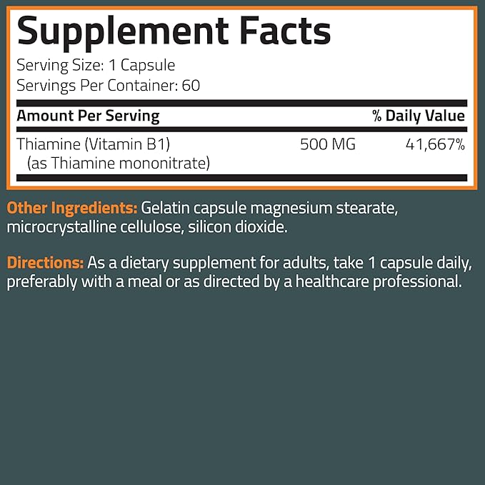 Bronson Vitamin B1 Extra Strength 500 MG High Potency Non-GMO, 60 Capsules