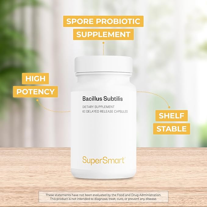 Supersmart - Bacillus Subtilis 3 Billion CFU per Day (High Potency) - Spore Probiotic Supplement | Non-GMO & Gluten Free - 60 DR Capsules