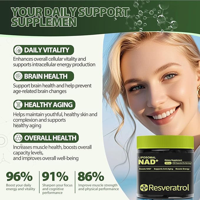 NAD+ Supplement, NAD Nicotinamide Riboside Resveratrol, Liposomal NAD - NMNH Supplement Alternative for Anti-Aging, Mental Clarity & Cellular Energy 100 Capsules