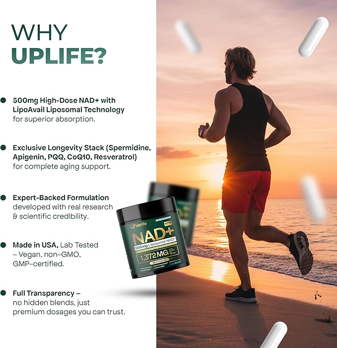UPLIFE NAD+ Supplement 1,372mg – Liposomal NAD+ with CoQ10, Resveratrol, Spermidine, L-Theanine, Apigenin & PQQ – NMNH Alternative Booster Cellular Energy, Healthy Aging, Immune Health – 120 Capsules