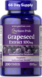 Puritan's Pride Grapeseed Extract 100mg with Citrus Bioflavonoid Complex, Dietary Supplement for Antioxidant and Heart Health Support, 200 Rapid Release Capsules