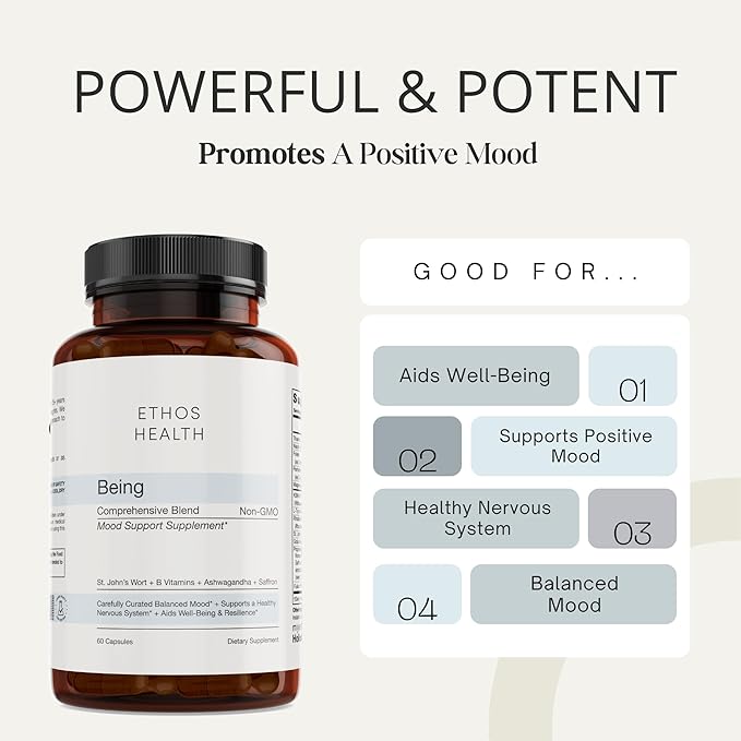 Mood Support Vegan Capsules – Organic KSM‑66 Ashwagandha, St John’s Wort, Rhodiola, Saffron, Panax Ginseng & L‑Tyrosine – Natural Emotional Balance, Energy & Focus – 60ct