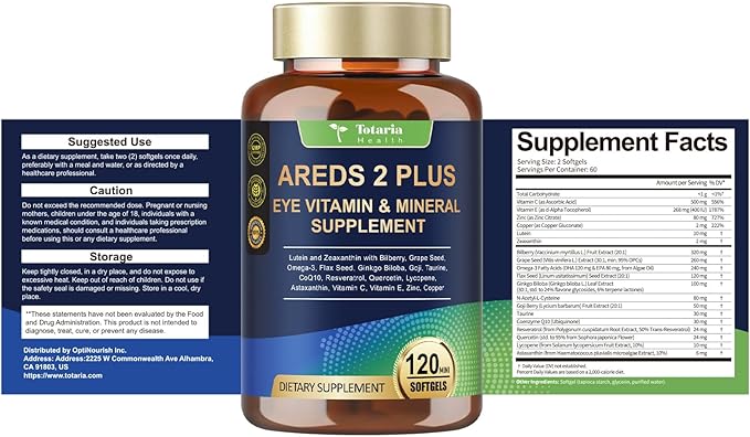 19-in-1 AREDS 2 + Eye Vitamins for Macular Health and Dry Eye, Lutein and Zeaxanthin Supplement with Vitamin C/E, Zinc, Omega-3, Support Eye Strain, Pressure, Night Vision & Hydration - 2 Pack